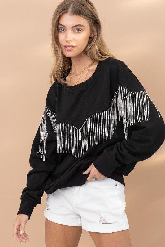 Rita "Rhinestone Fringe Pullover"