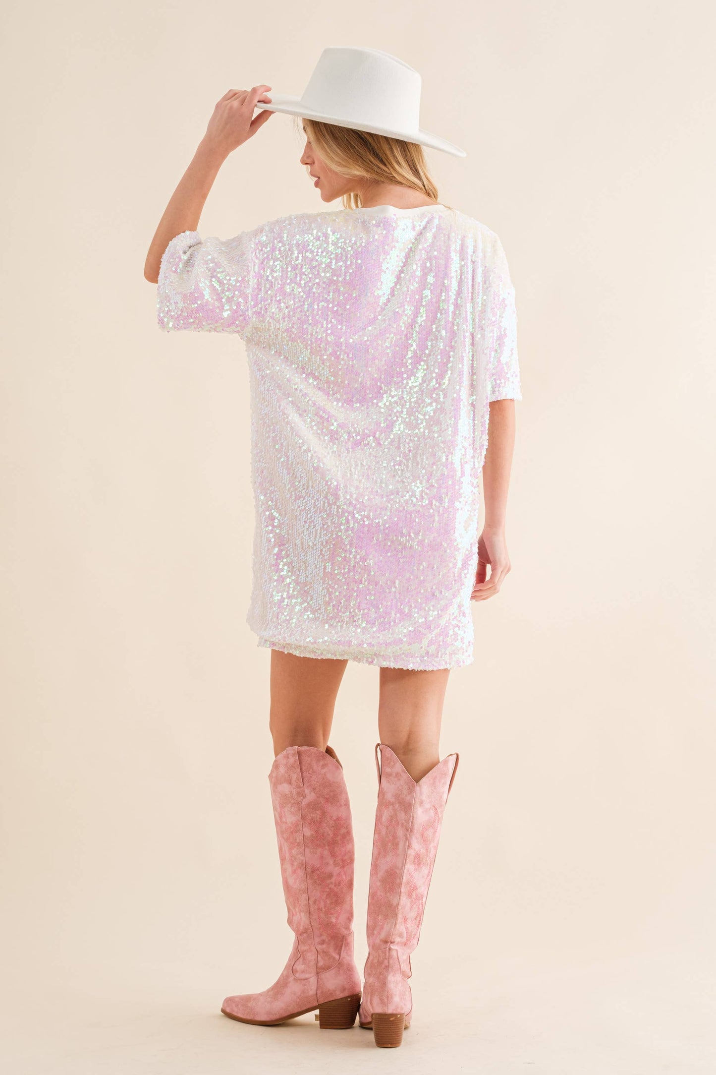 34089D - Stretch Sequin Crew Neck Bride Graphic Shirtdress