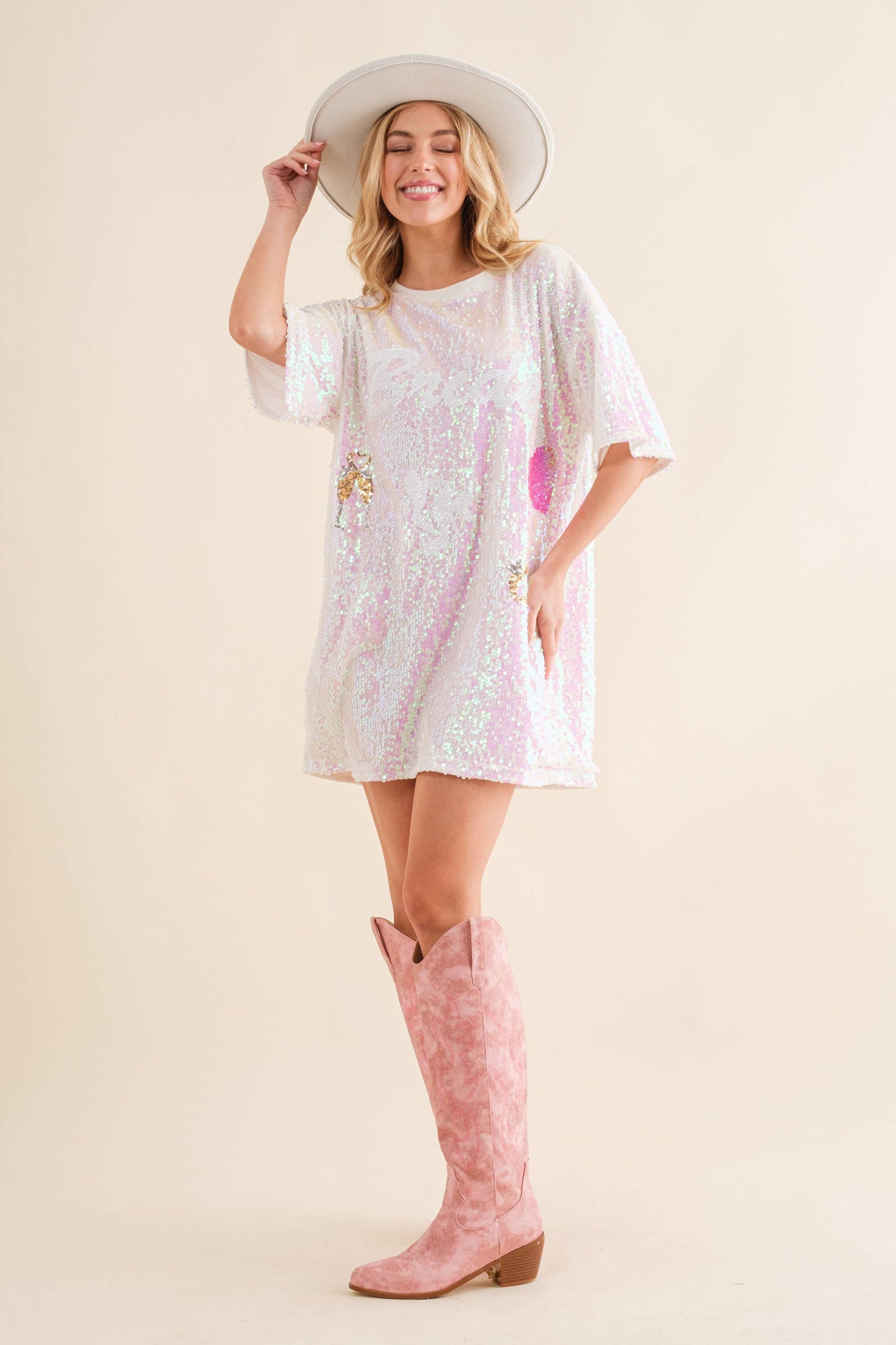 34089D - Stretch Sequin Crew Neck Bride Graphic Shirtdress