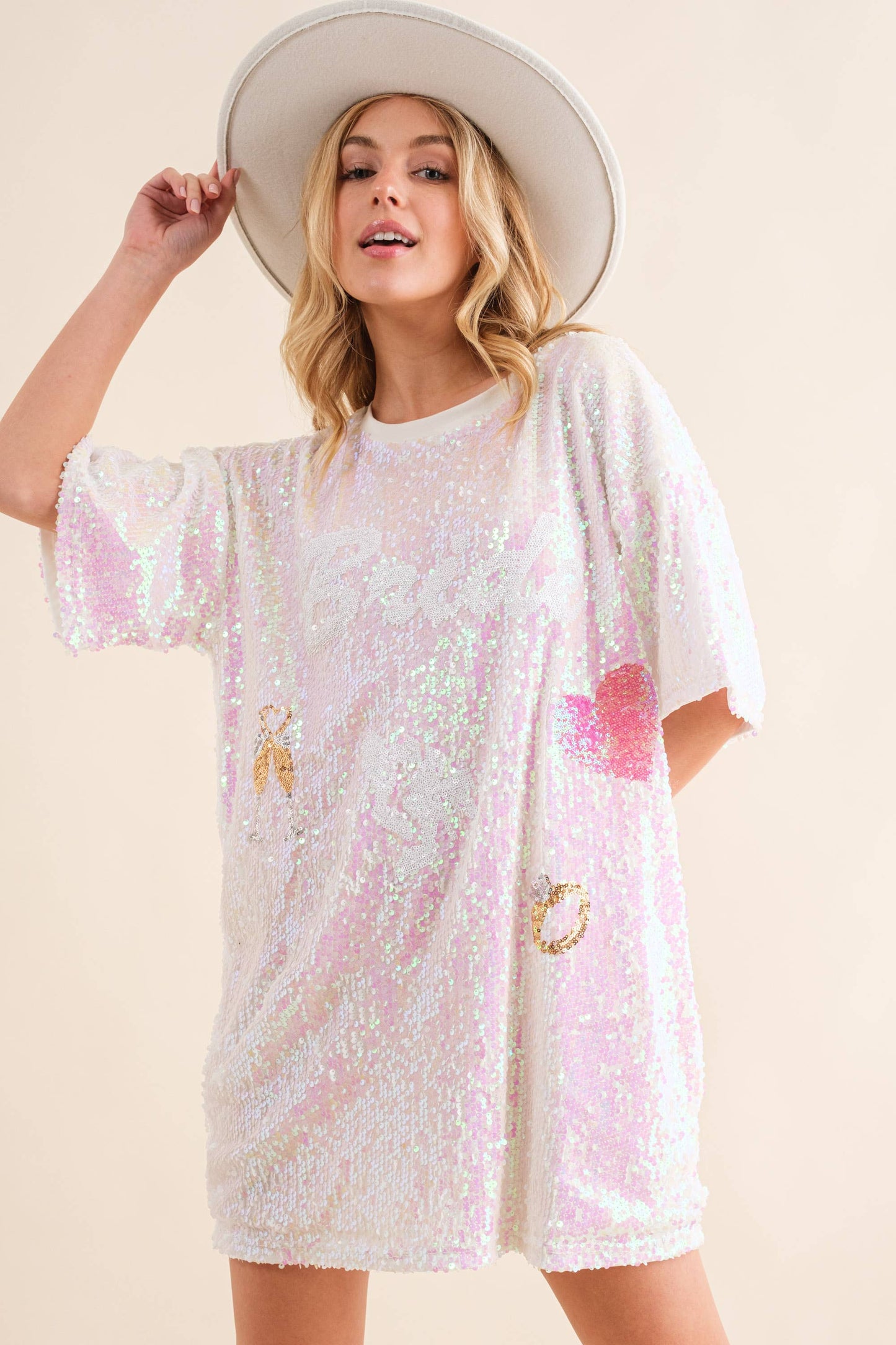 34089D - Stretch Sequin Crew Neck Bride Graphic Shirtdress